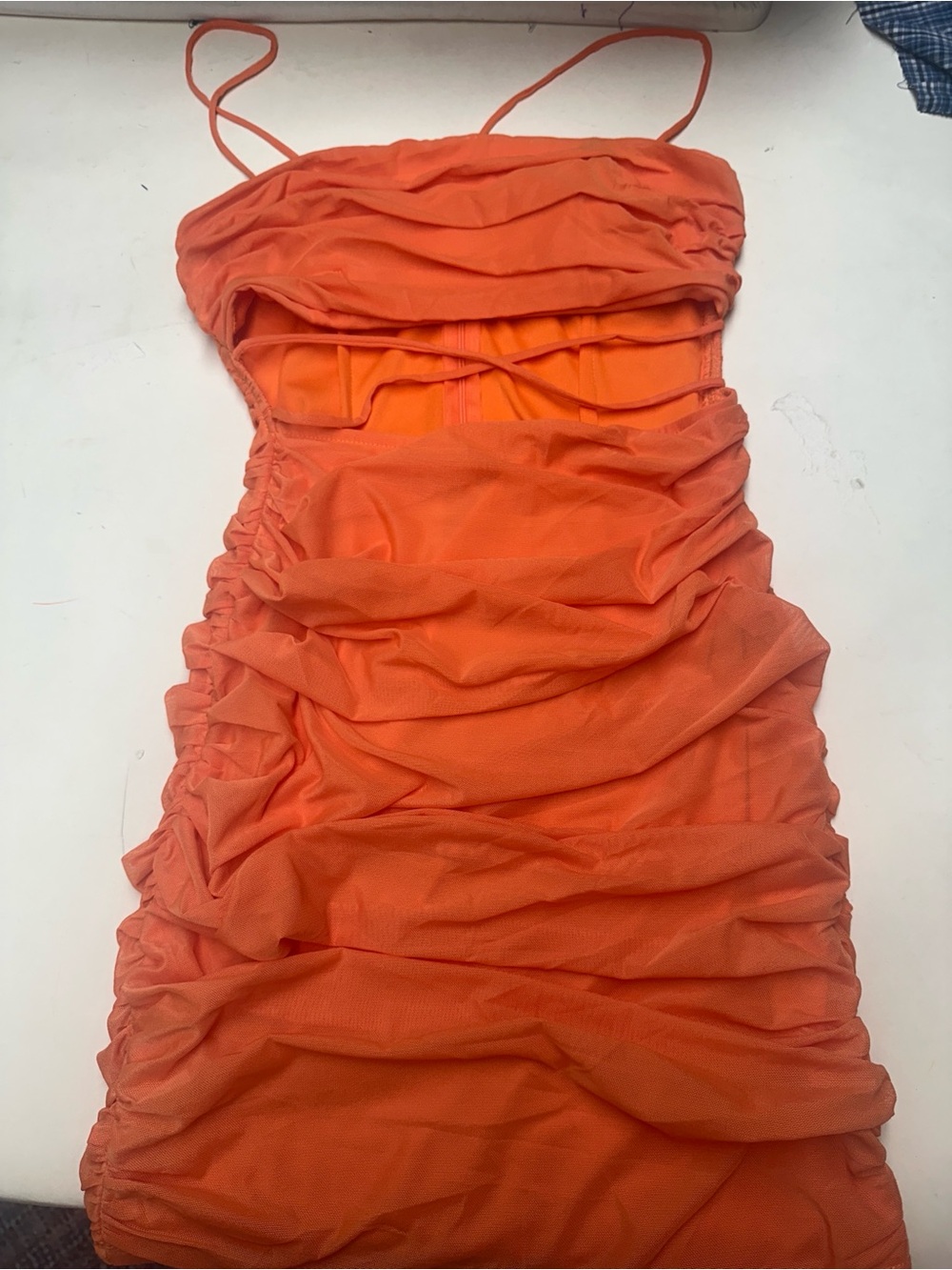 Hello Molly Orange Ruched Spaghetti Strap Mini Dress